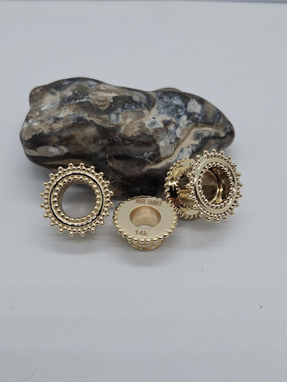 14K Gold Ear Tunnels Ear Plugs Beaded Edge Unisex Gauges Stretched Ears