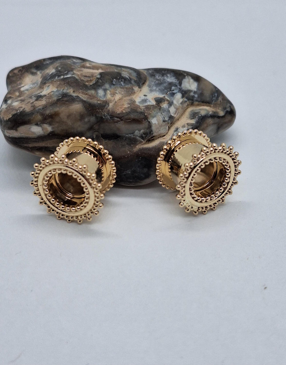 14K Gold Ear Tunnels Ear Plugs Beaded Edge Unisex Gauges Stretched Ears