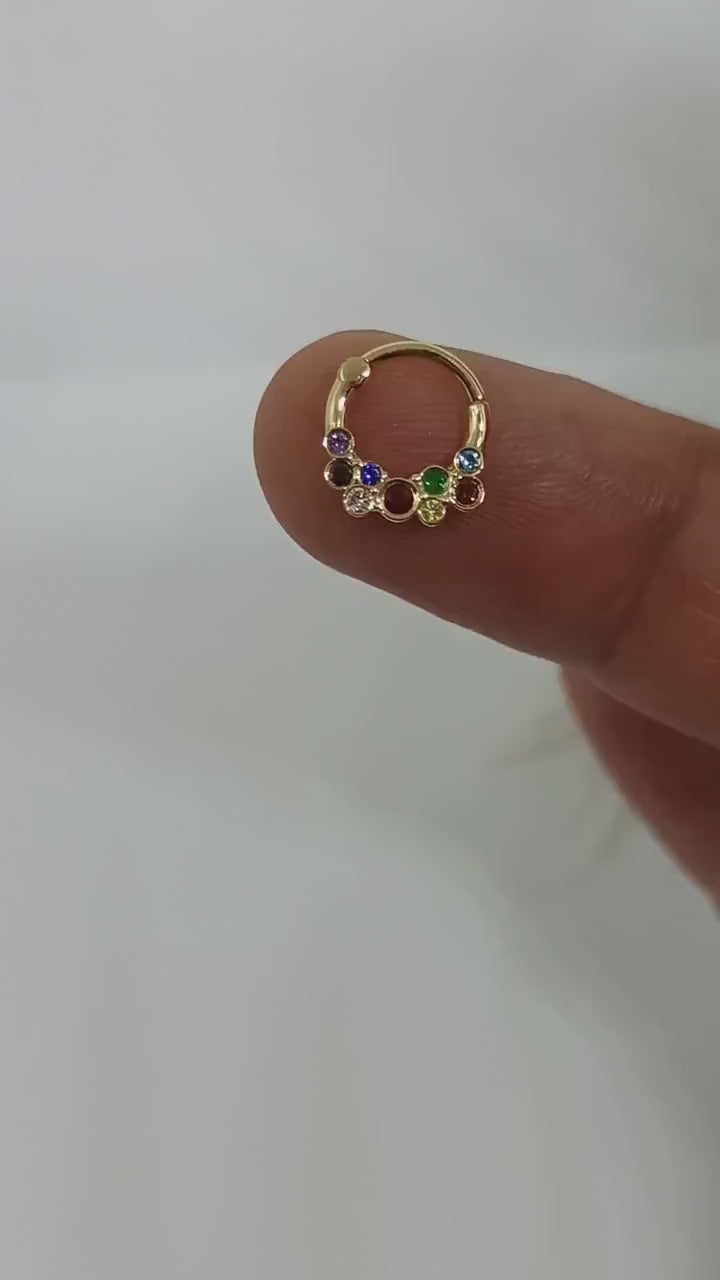 rainbow piercing - 14K gold hoop earrings adorned with vibrant multicolor stones