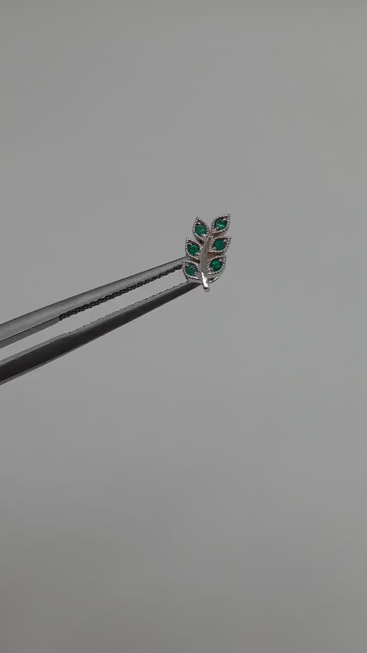 Leaf stud piercing 14k solid white gold and emeralds