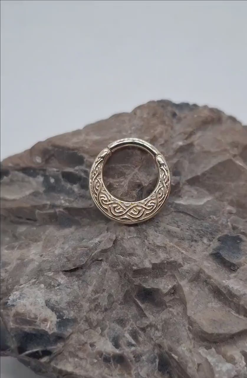 14K Gold Tribal Engraved Clicker Ring Nose Ear Piercing Hoop Daith Earring Helix Jewelry