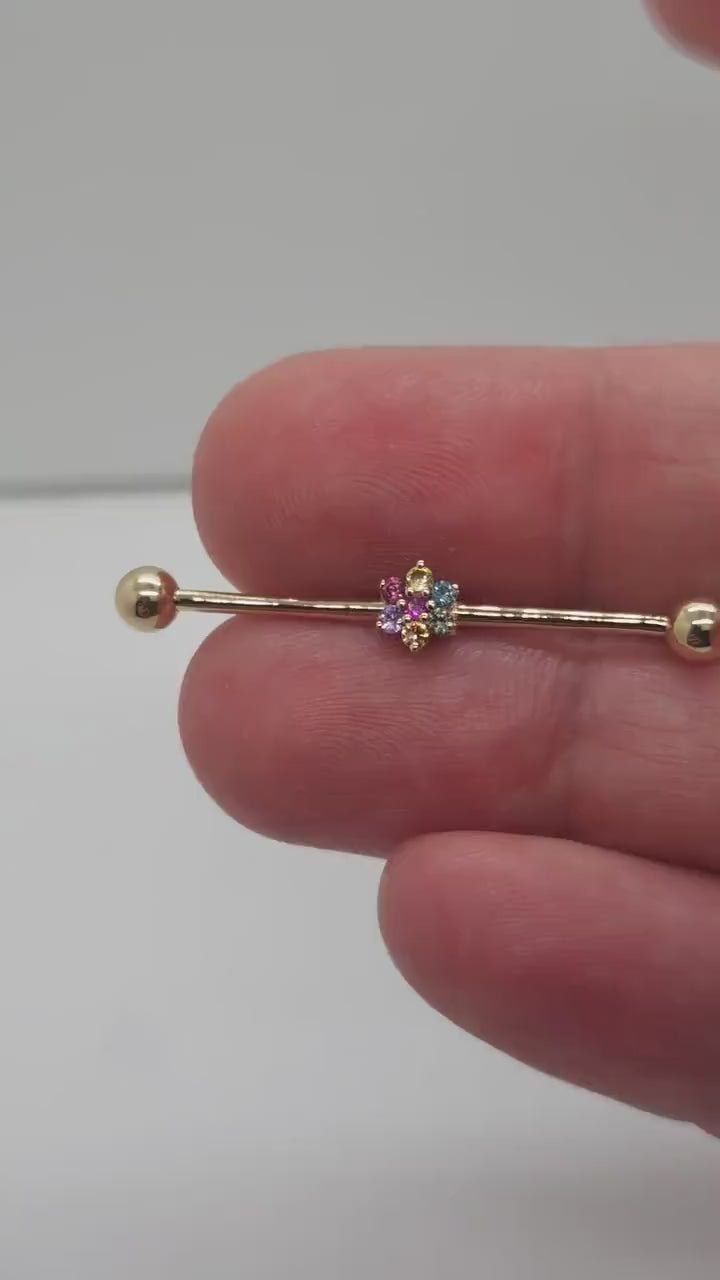Industrial Piercing Jewelry 14k Yellow Gold Flower Rainbow Barbell Scaffold Earring