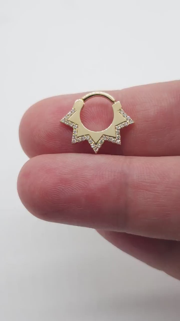 Diamond Trianglet Clicker Earring 14k Solid Gold White Diamonds Nose Hoop Piercing Jewelry Cartilage Ring Helix Septum