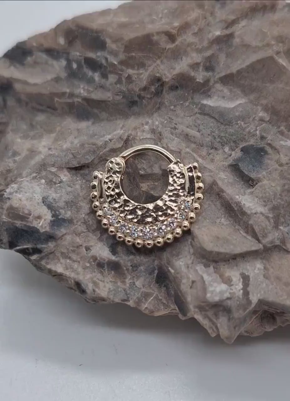 14k Hammered Textured Septum Clicker White Diamonds