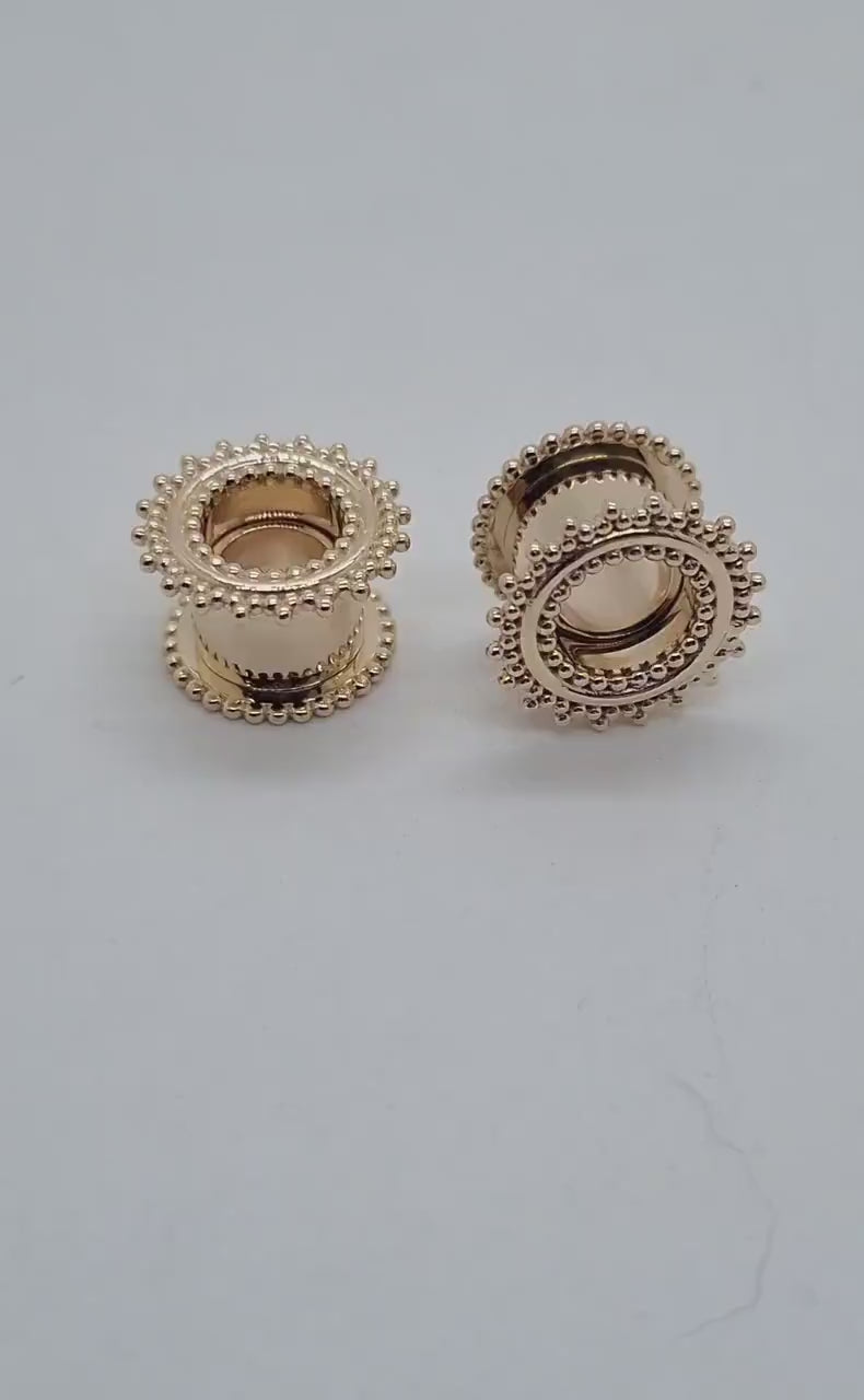 14K Gold Screw Back Tunnels Yellow Gold Ear Plugs Beaded Edge Unisex Gauges Stretched Ears