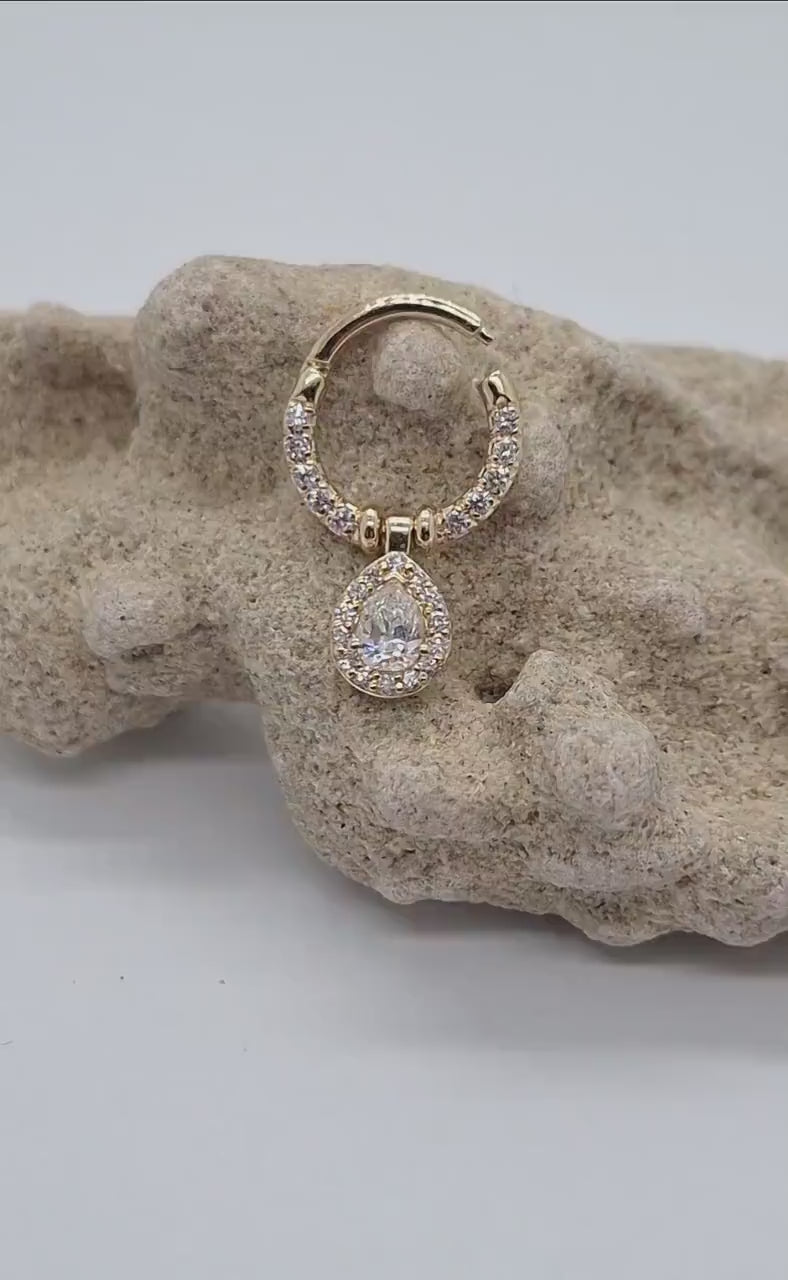 Dancing Pear Diamonds Nose Septum Clicker Cartilage Earring 14k Solid Gold Helix Piercing Jewelry Conch Hoop