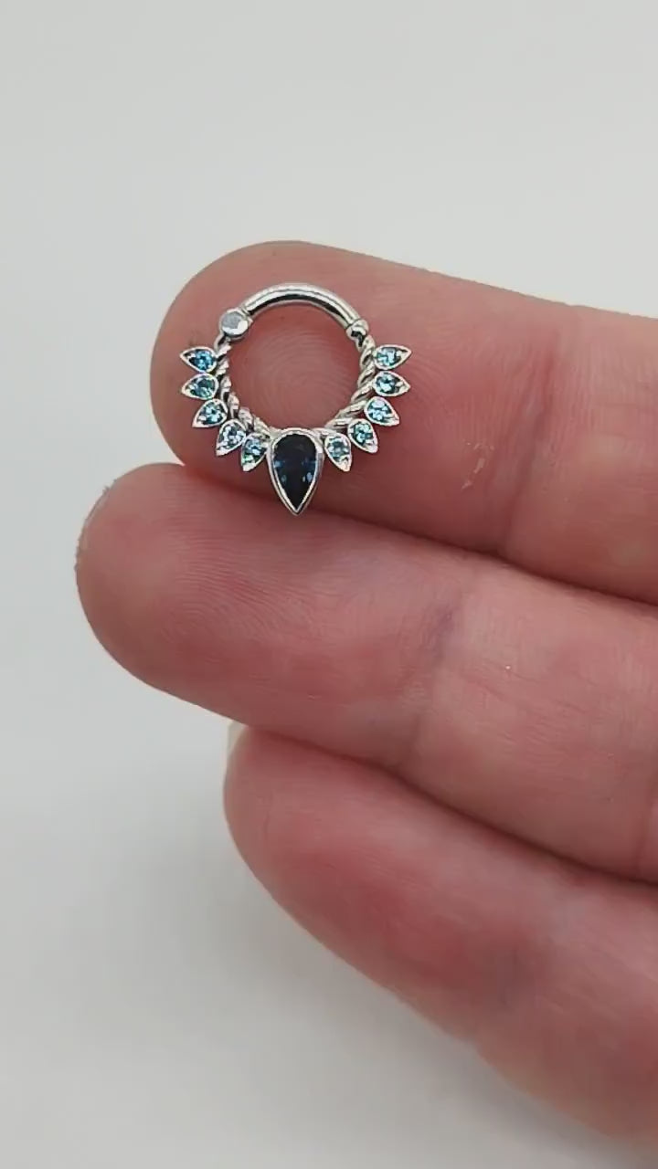 Helix Piercing Jewelry Septum Clicker 14k Pear Sapphire Topaz Blue London Daith Earring Nose Hoop