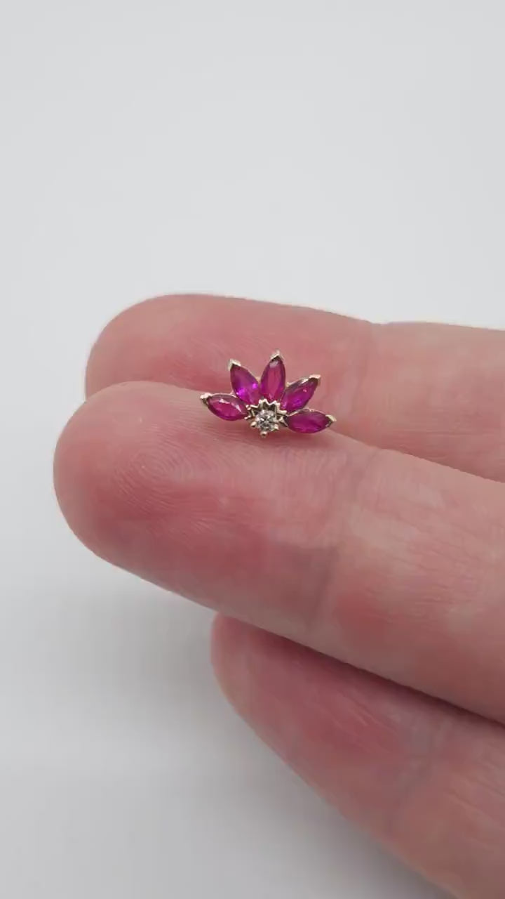 Diamond Rubies Engraved Lotus Threaded Stud Earring